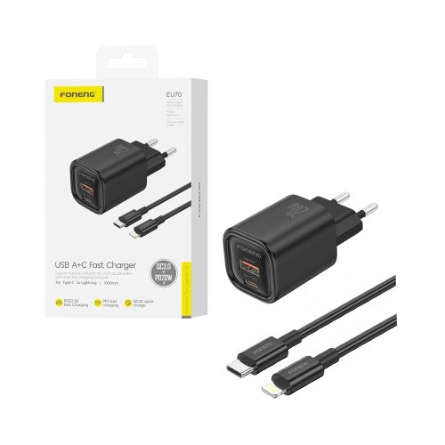Carregador Foneng EU70 2 Portas USB-A+Tipo-C PD 20W com cabo Tipo-C para Lightning Preto