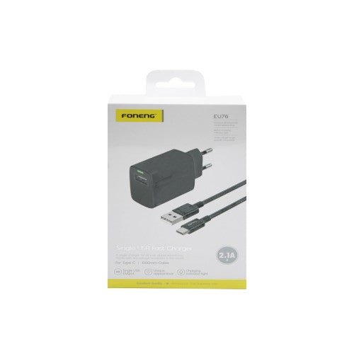 Carregador Foneng EU76 USB 2,1A com Cabo Tipo-C 1m Preto