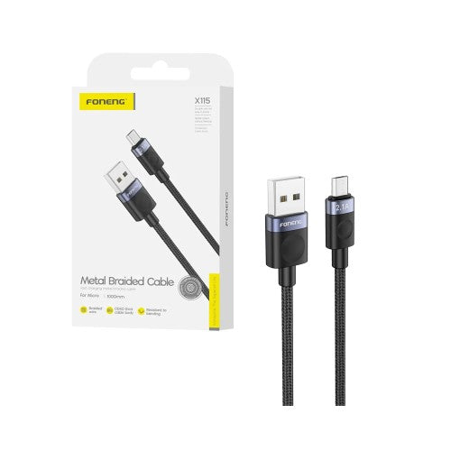 Cabo Foneng X115 Metal Braided Micro 2,1A 1M Preto