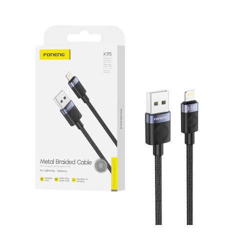 Cabo Foneng X115 Metal Braided Lightning 2,1A 1M Preto