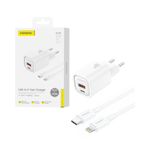 Carregador Foneng EU70 2 Portas USB-A+Tipo-C PD 20W com cabo Tipo-C para Lightning Branco