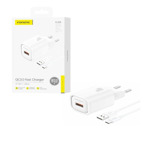 Carregador Foneng EU68 USB-A 3A 18W com Cabo Tipo-C 1m Branco
