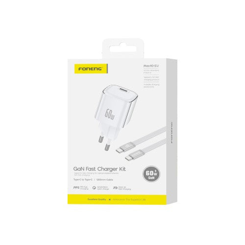 Carregador Foneng MAX40-EU GAN Tipo-c PD60W com Tipo-c para Tipo-c Cable 1M Branco