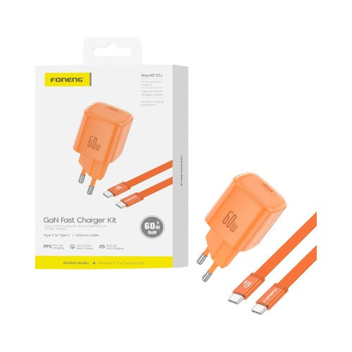 Carregador Foneng MAX40-EU GAN Tipo-c PD60W com Tipo-c para Tipo-c Cable 1M Laranja