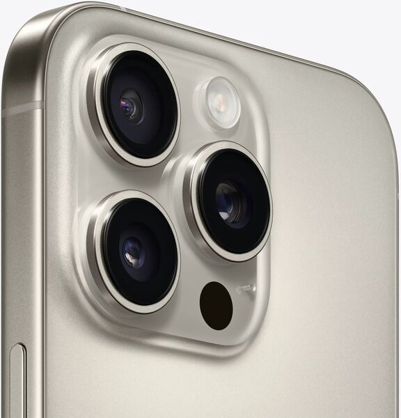 iPhone 16 Pro in Natural Titanium, camera detail; representative product image