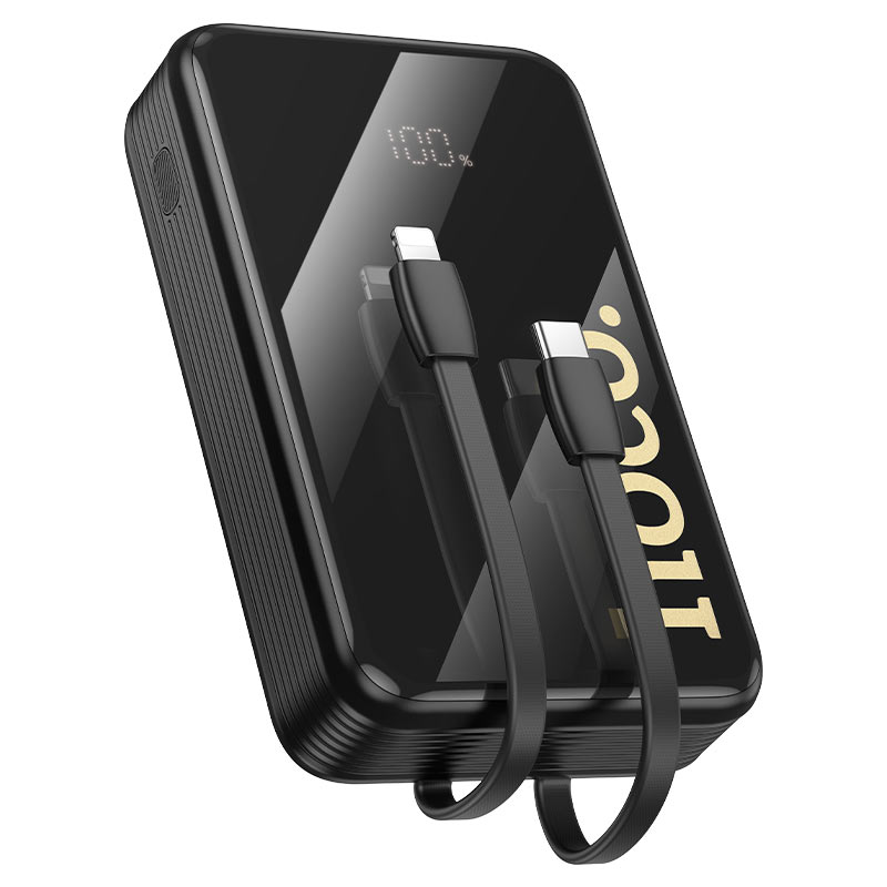Power Bank Hoco Q37A Graceful con 3-in-1 Porta USB+Cable Tipo-C+Lightning 20000mAh Preto — charging ports and detail